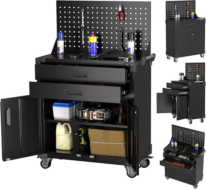 SUXXAN Black Tool Cart with Pegboard and 4 Hooks,Garage Storage Cabinet on Wheels with 2 Drawer,Industrial Service Utility Tool Cart for Mechanics, Garage, Workshop - NeatNest