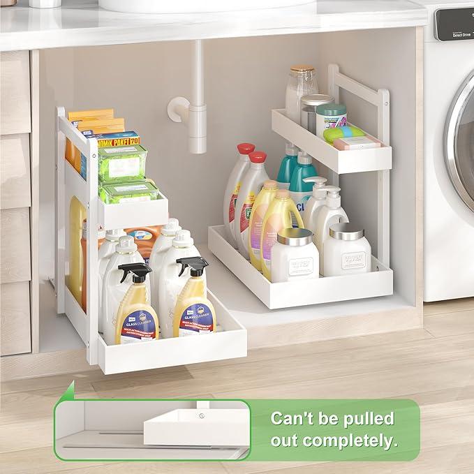 Under Sink Organizer - 1-Tier Pull Out Cabinet Organizer Vertical Slide Out Sink Shelf Storage Shelves for Multi-Purpose Bath Kitchen Bathroom Medicine (White, 2 Packs) - NeatNest