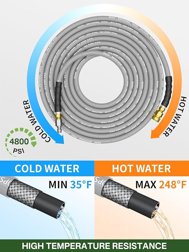 3/8" 4800PSI Pressure Washer Hose 150FT with Swivel Quick Connect for Cold/Hot Water Max 248°F, Kink Resistant Steel Wire Braided, Wear Resistant Power Washer Hose with M22 14mm Adapter - NeatNest