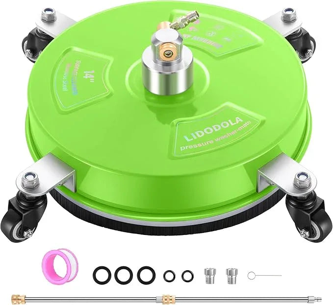 14" Pressure Washer Surface Cleaner with 4 Wheels - Coated Green Stainless Steel Surface Cleaner for Pressure Washer Attachment for Concrete, Patio, Sidewalk, Deck and Driveways - PWS14G - NeatNest