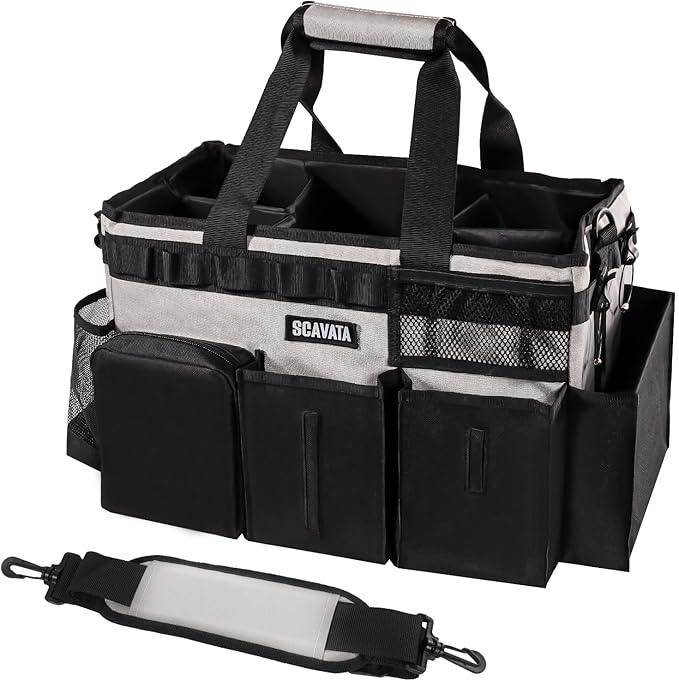 Wearable Cleaning Caddy Bag, Cleaning Caddy Supplies Organizer with Handle & Shoulder Straps for Housekeepers, Under Sink & Car Cleaning Tool Organizers with 4 Foldable Divider (Grey) - NeatNest