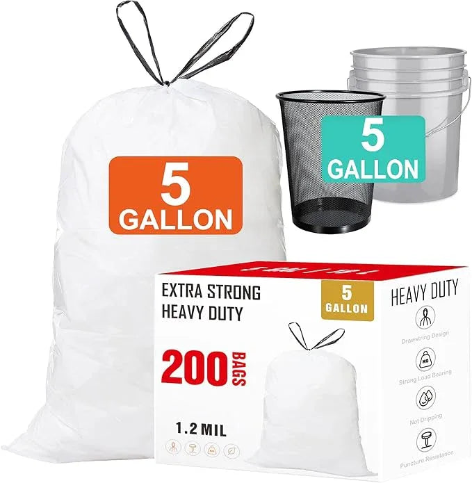 5 Gallon Drawstring Trash Bags (200 Count) 1.2 Mils Heavy Duty Garbage Bags Compatible with 5Gallon Bucket & Mesh Trash Can & Fit All 5 Gallon Trash Can for Home Office Kitchen Bathroom Bedroom - NeatNest