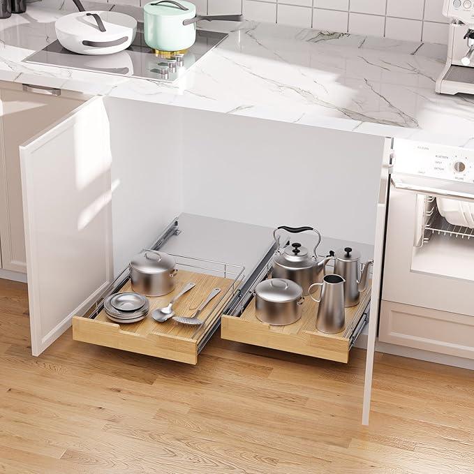 Pull Out Cabinet Organizer,Heavy-Duty Slide Out Shelf, Wood And Wire Basket, Pull Out Drawer for for Kitchen Under Sink Space, Pantry, Bathroom (17 * 21 WM) - NeatNest