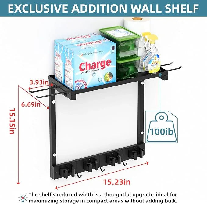 Broom Holder Wall Mount with Cleaning Supplies Organizer, Laundry Room Organization and Storage Shelves, Mop Hanger Broom Rack with Hooks, Home Improvement Kitchen Shelf Garage Organizer - NeatNest
