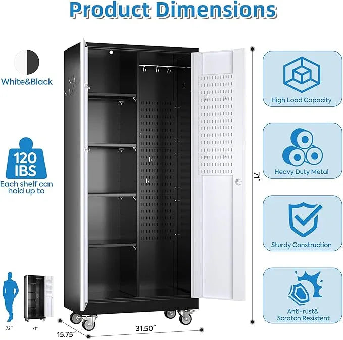 SUXXAN Broom Closet Storage Cabinet, Metal Cabinets with 13 Hooks and Hanging Rods, 71" Metal Storage Cabinet, Heavy Duty Cleaning Cabinet for Garage, Laundry Room - NeatNest