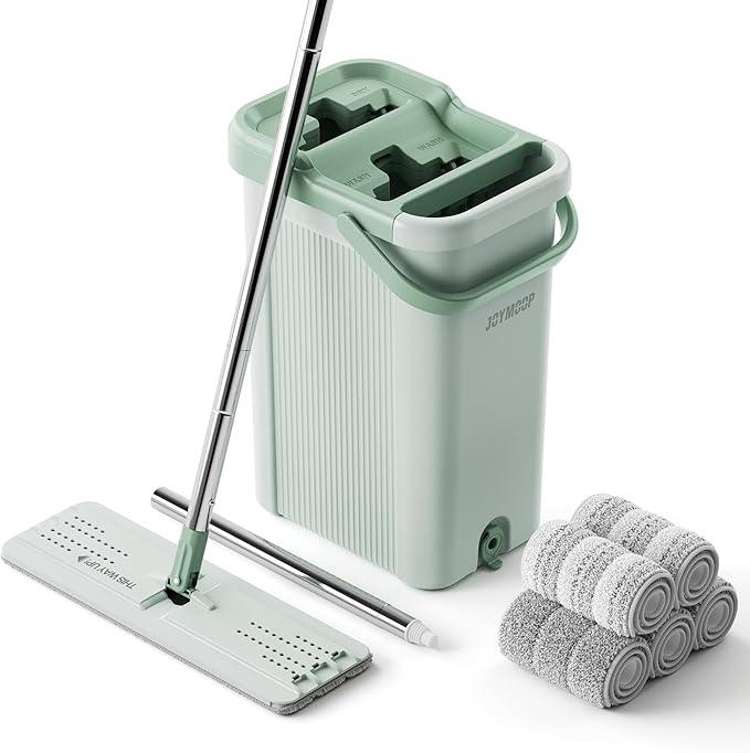JOYMOOP 8L Large Capacity Flat Mop System (Light Green) with Extension Handle, Ideal for Floor, Window, and Wall Cleaning - Includes 5 Washable Microfiber Pads for Wet and Dry Use - NeatNest