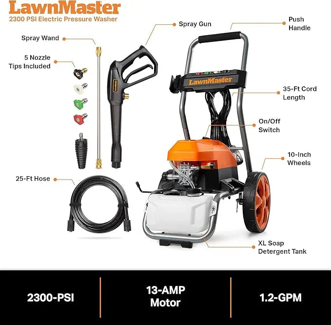 LawnMaster LT2100B Electric Pressure Washer 2300 PSI MAX 13 Amp 1.2 GPM CSA Certified with 5 Nozzles Powerful Storage Organization - NeatNest