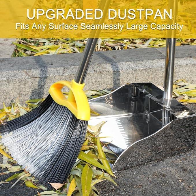 Broom and Dustpan Set, Outdoor Heavy Duty Broom with Stainless Steel Dustpan,Stiff Bristles Broom and Metal Dust Pan for Home - NeatNest