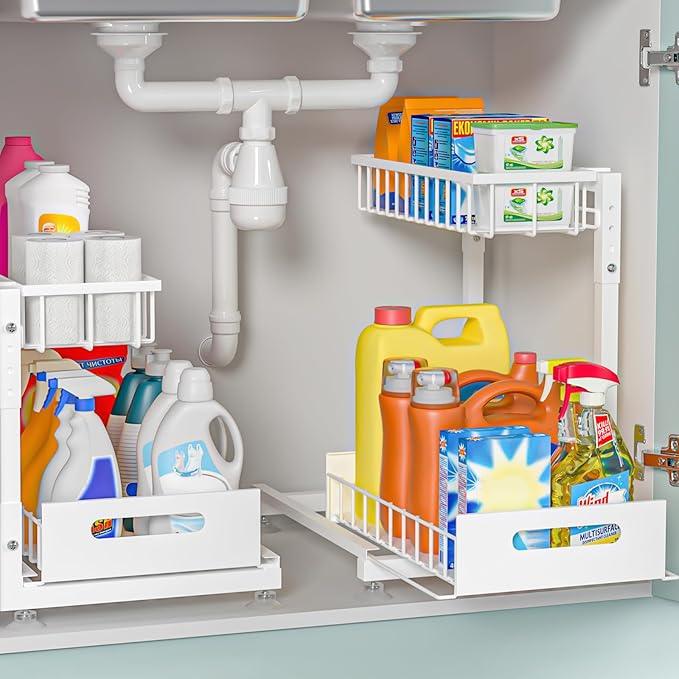 2 Pack Pro Under Sink Organizer Storage: Premium Metal 2-Tier Pull-Out Wire Basket Organizer, L Shape Height Adjustable, Easy Installation | Kitchen & Bathroom Cabinet Organizers White - NeatNest