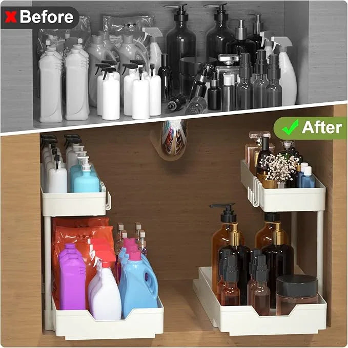 Under Sink Organizers and Storage, L-Shape Kitchen Bathroom Organization, 2-Tier Sliding Storage Under Bathroom Kitchen Sink Cabinet Organizer Shelf Pull Out ABS-2PC (White) - NeatNest