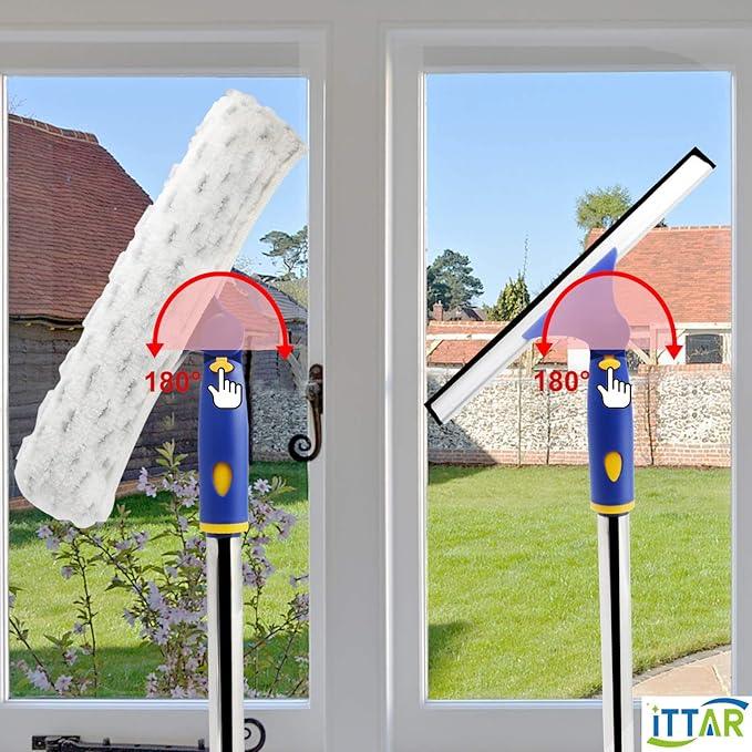 ITTAR Rotatable Window Washing Kit, Window Cleaner Squeegee with 60" Extension Pole, Rubber Squeegee & 2 Microfiber Scrubber Combo, Window Washing Equipment for Cleaning Shower, Windows, Car Glass - NeatNest