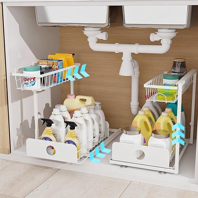 Under Sink Organizer, 2 Pack, 2 Tier Pull Out Sliding Shelf, Adjustable Height, Heavy Duty, Cabinet Organizer for Kitchen Bathroom, Tool-Free Install White - NeatNest