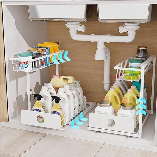 Under Sink Organizer, 2 Pack, 2 Tier Pull Out Sliding Shelf, Adjustable Height, Heavy Duty, Cabinet Organizer for Kitchen Bathroom, Tool-Free Install White - NeatNest