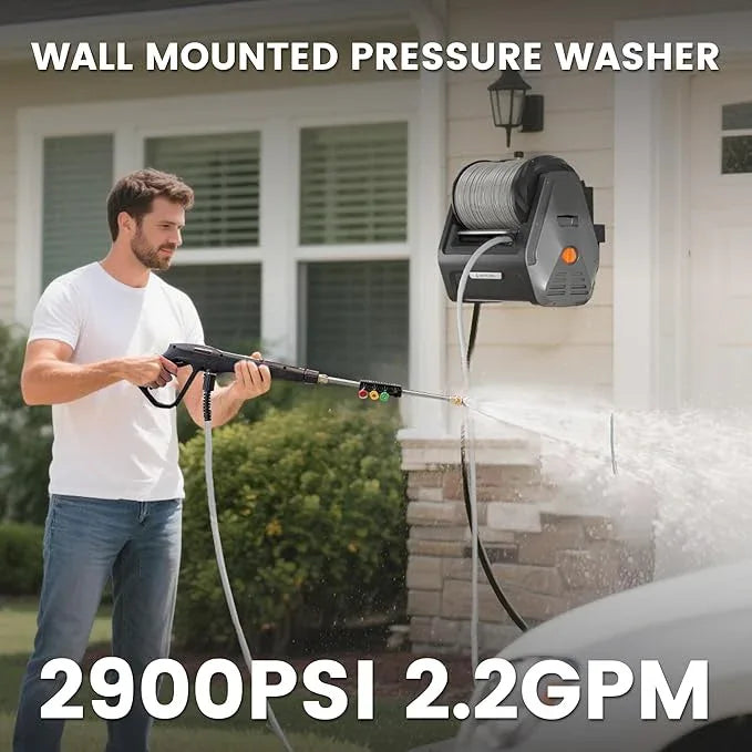 Giraffe Tools Grandfalls Retractable Wall Mount Pressure Washer Plus, Max 2900PSI 2.2 GPM, Electric Power Washer with 100ft Pressure Hose for Car/Patios, Automatic Rewind, Dark Silver - NeatNest