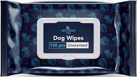 NOVEHA 120PCs Dog Wipes - Odor Eliminating and Cleaning Grooming Wipes for Dog's Paws, Body, and Butt - Perfect for Puppy and Adult Dogs - Plant-Based, Safe, Convenient & Large Unscented Wipes - NeatNest