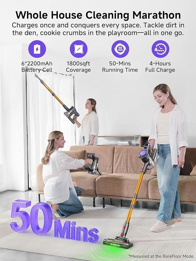MONSGA Cordless Vacuum Cleaner, 45KPa 400W Stick Vacuum for Home, 50Mins Anti-Tangled Vacuum Cleaner with Charging Dock, Light-Weighted Handheld Vacuum for Pet Hair/Carpet/Floor, LED Touch Display - NeatNest