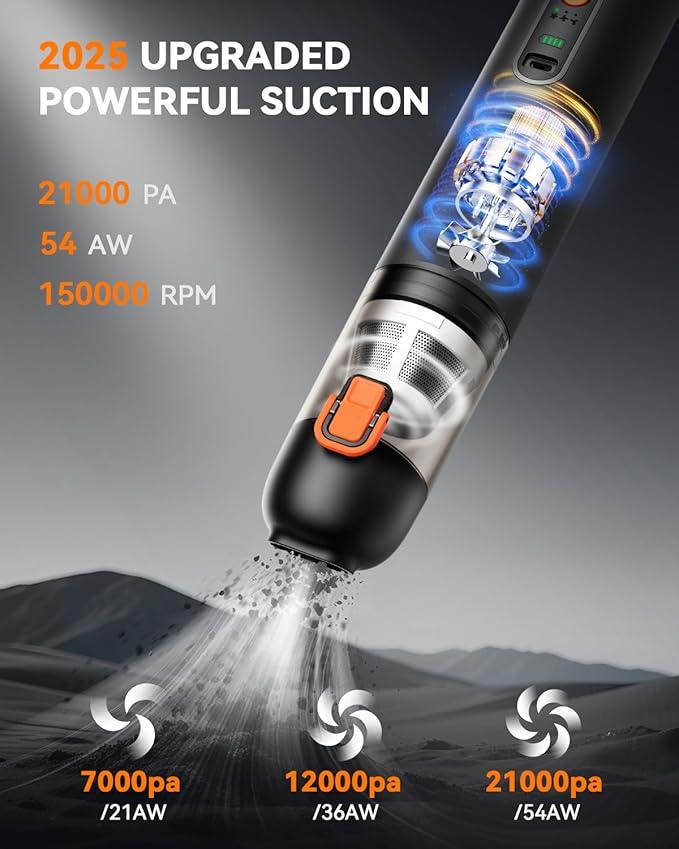 Car Vacuum, Handheld Vacuum Cordless with 21000Pa Powerful Suction & 3 Modes, 4-in-1 Portable Hand Held Mini Vacuum Cleaner Rechargeable, Ultra Light for Car Home Office (Black) - NeatNest