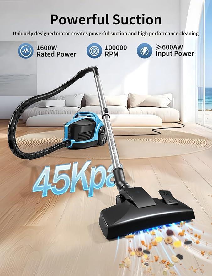 Canister Vacuums 45Kpa 1600W Canister Vacuum Cleaners for Home Double HEPA Filter 4.5Qt Bagless Vacuum Cleaner Lightweight Canister Vacuum Cleaner for Hard Floors Carpet Pet Upholstery Tiles Car Blue - NeatNest