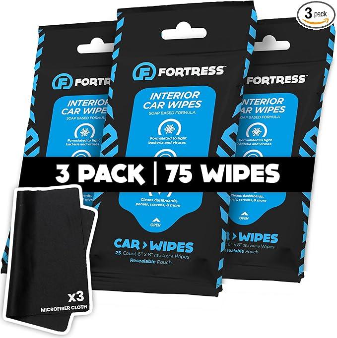 Fortress Car Interior Wipes with Microfiber Cloth (25 ct, Pack of 3) for Car Interior Cleaning, Dashboard, Seats, Detailing, and Steering Wheel [Travel Size] Skin-Safe Car Interior Cleaner Supplies - NeatNest