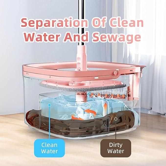 KZKR Square Spin Mop and Bucket Set with Self Separation Dirty and Clean Water System, Self Wringing 360° Rotating Mops Head with 2 Replaceable Microfiber Pads for Home Floors Cleaning - NeatNest
