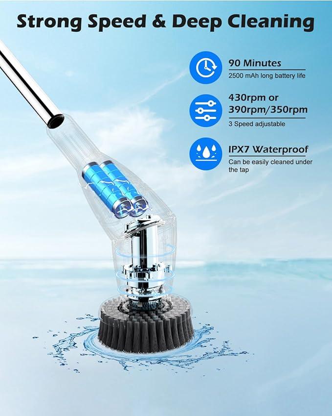 Electric Spin Scrubber Cordless Shower Cleaning Brush with 10 Replaceable Heads Powerful IPX7 Waterproof Bathroom Cleaner 3 Speeds Detachable Long Handle Voice Broadcast for Floor Car Kitchen - NeatNest