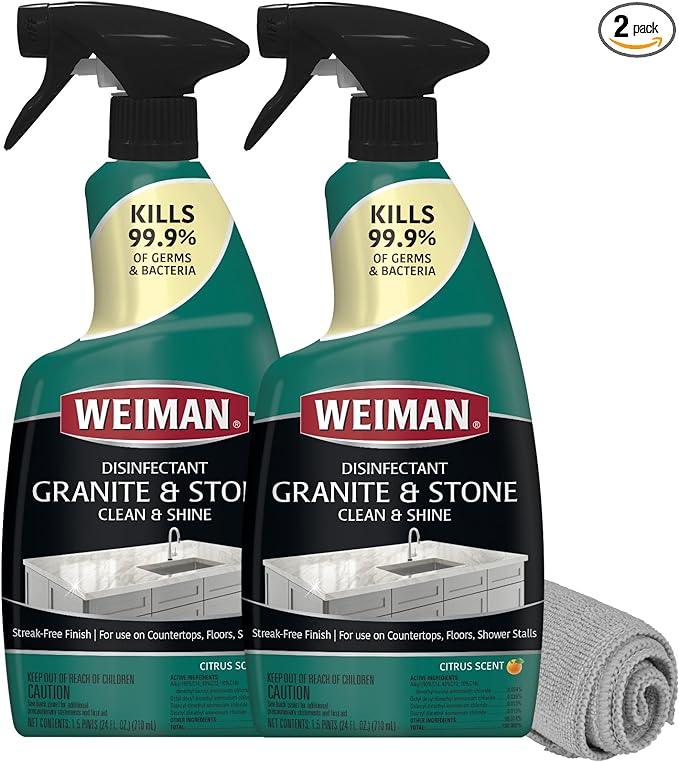 Weiman Disinfectant Granite Daily Clean & Shine (2 Pack with Polishing Cloth) Safely Clean Disinfect and Shine Granite Marble Soapstone Quartz Quartzite Slate Limestone Corian Laminate Tile Countertop - NeatNest