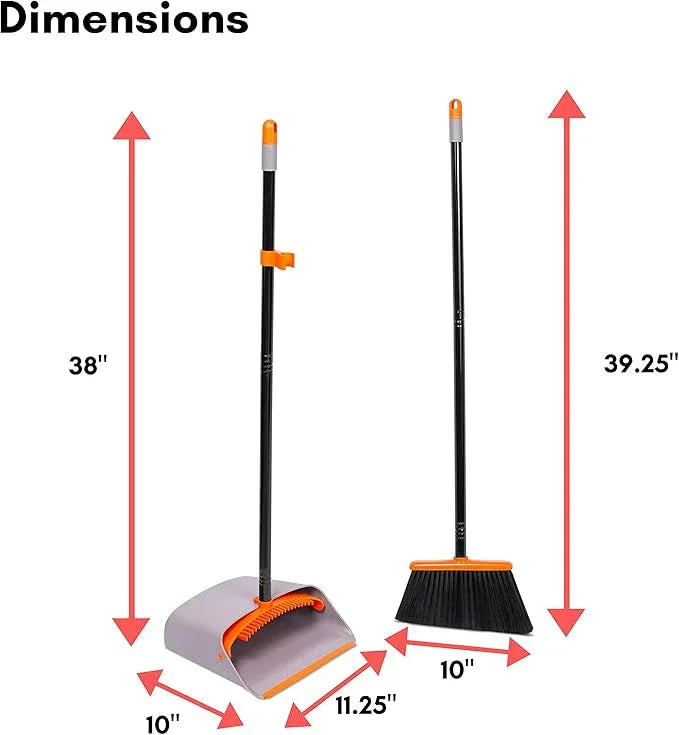 BirdRock Home Broom and Dustpan Set - Lobby Dust Pan - Orange and Grey Durable Set - Indoor or Outdoor - Sweep Combo Great for Kitchen, Home, Garage and Office - Clip On Self Cleaning Bristles - NeatNest