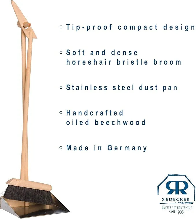 REDECKER Horsehair Broom & Stainless Steel Dust Pan Set - Oiled Beechwood Handles, 35-3/8 Inch - Broom & Dustpan Combo for Home, Kitchen, Outdoor Use - Wooden Broom and Dustpan Set, Made in Germany - NeatNest