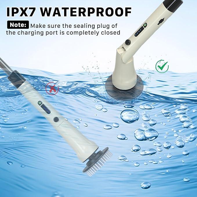 Electric Spin Scrubber, Hillyfe Bath Scrubber for Cleaning with 7 Replaceable Brush Heads, IPX7 Waterproof,300/400 RPM, 3 Adjustable Size,Cordless Shower Cleaner Brush for Bathroom Floor,Beige - NeatNest