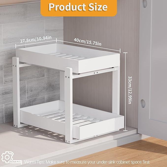 Bamboo Wood Under Sink Organizer 1 Pack, Pull Out Cabinet Organizer 2 Tier Under Sink Organizers and Storage with Sliding Drawer Sturdy Easy Assembly for Kitchen Bathroom Undersink (White, 1 Pack) - NeatNest