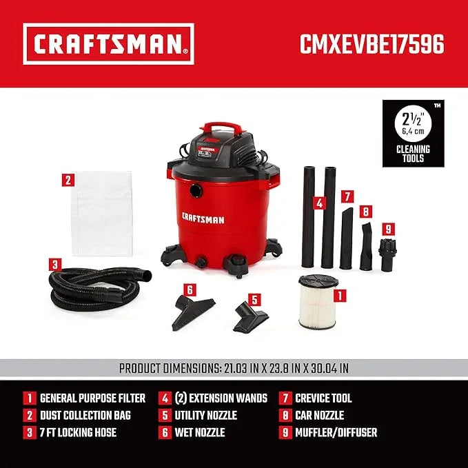 CRAFTSMAN CMXEVBE17596 20 Gallon 6.5 Peak HP Wet Dry Vac, Heavy-Duty Shop Vacuum Wet and Dry with Filter, Dust Bag, Hose and Attachments for Shop, Garage, Jobsite Cleaning - NeatNest