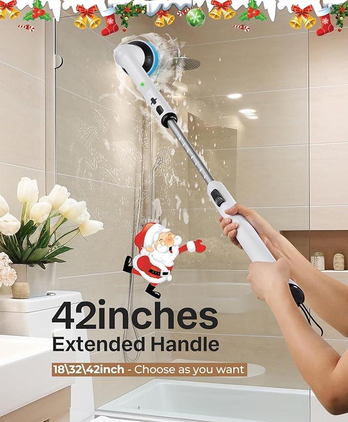 LyriFine Electric Spin Scrubber, New Full-Body IPX7 Waterproof Bathroom Cleaner Brush, Shower Scrubber with Long Handle & 2 Speed, Heads Replacement, Cleaning Supplies for Tub Shower Tile Floor - NeatNest