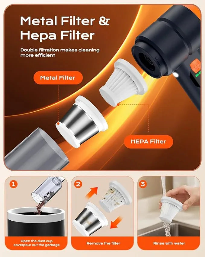 Car Vacuum Portable Cordless, 4-in-1 Handheld Vacuum Cordless with 30000PA Suction, 130000RPM, 6800mAh Battery, 10 Nozzles, Rubber Paint Material for Car, Home, Pet Cleaning（Black Orange） - NeatNest