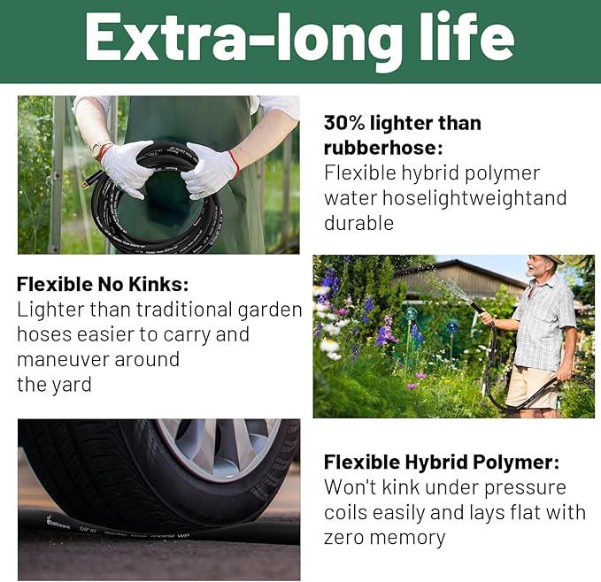 Garden Hose 75 ft x 5/8 in Heavy Duty Water Hose, Flexible and Durable, Lightweight Rubber Hybrid Hose, Leak-Free Connections, Male to Female Fittings, BT75B, Black - NeatNest