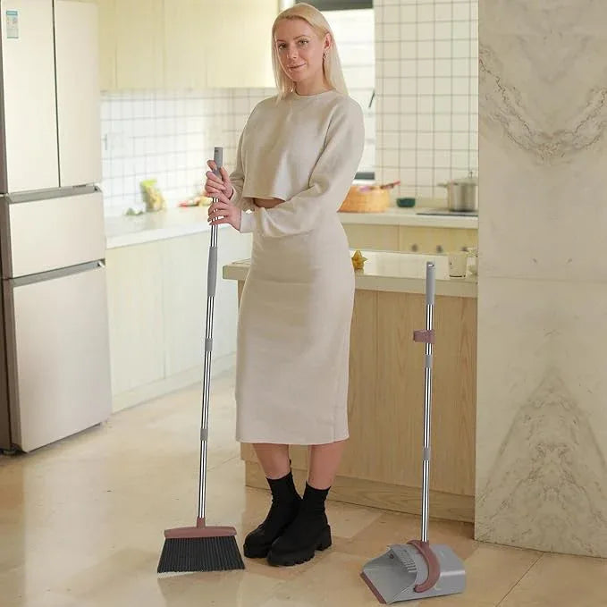 Ivandar Broom with Dustpan Combo Set, 50.6 inch Long Handle, Upright Standing Broom and Dustpan Set Quiet Cleaning Tool Sweep The Floor Dust pan Removes 4 Times More Pet Hair(Brown and Gray) - NeatNest