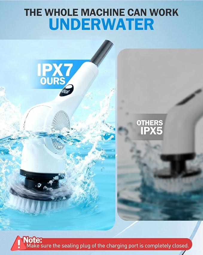 Electric Spin Scrubber, 3-Speed Cordless Shower Scrubber with 90° Adjustable & 10 Replaceable Brush Heads, 90 Mins Runtime & Full-Body IPX7 Waterproof Shower Cleaner Brush with Long Handle - NeatNest