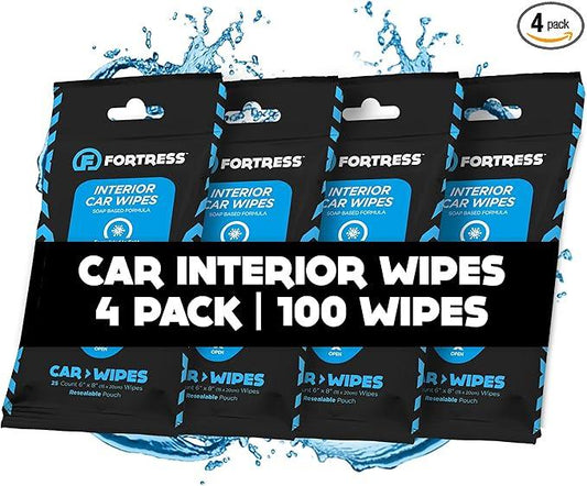Fortress Car Interior Wipes (25 ct, Pack of 4) for Car Interior Cleaning, Dashboard, Seats, Detailing, and Steering Wheel [Travel Size] Skin-Safe Car Interior Cleaner Supplies - NeatNest