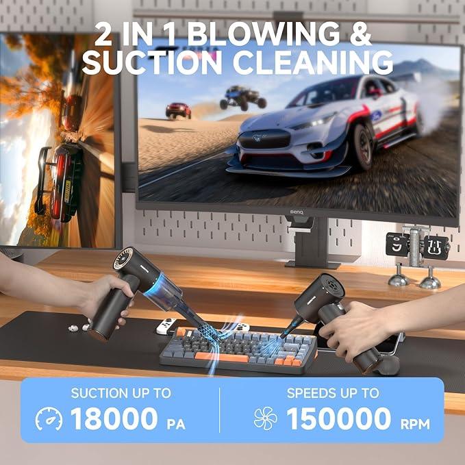 REIKIYA Compressed Air Duster 150000RPM Portable Air Blower for Computer, Keyboard with LED Light, 7800mAh Rechargeable 18000Pa Cordless Portable Vacuum Cleaner for Car Home Office - NeatNest