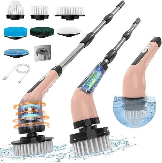 Electric Spin Scrubber, Cordless Cleaning Brush, Shower Scrubber with 7 Replaceable Brush, 2 Speeds and Adjustable Extension Handle for Bathroom Shower Bathtub Glass Car(Pink) - NeatNest