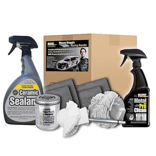 Flitz Mason Maggio Racing Bundle - USA-Made Car Cleaning Kit - Includes 1lb Polish, 32oz Sealant, 16oz Metal Pre-Clean, 2 Buff Balls, & 4 Microfiber Cloths - Professional Car Detailing Kit to Restore - NeatNest