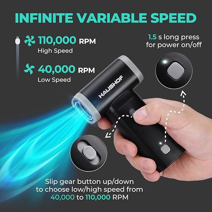 HAUSHOF 8V Mini Electric Air Duster-110,000RPM High Power Compressed Air blower, Rechargeable Brushless Motor Durable Cleaner, Variable Speed Dust Blower for Computer, PC Keyboard, Electronics, Car... - NeatNest