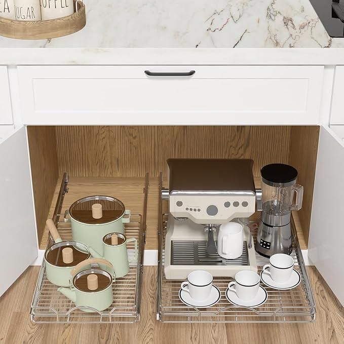 OCG Pull Out Cabinet Organizer (12" W x21 D), Pull out Shelves for Kitchen Cabinets, Slide Out Drawers for Base Cabinet Organization in Kitchen Bathroom Pantry, Bottom Mount, Chrome Finish - NeatNest
