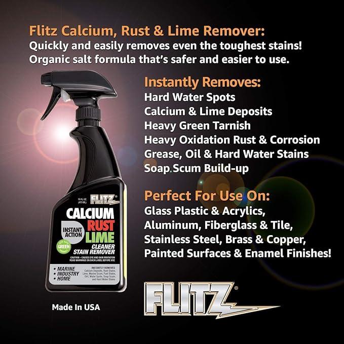 Flitz Calcium, Rust, & Lime Remover - 16oz Bottle of USA-Made Limescale Remover for Toilets, Showers, and More - Powerful Spray that Instantly Eliminates Tarnish, Grease, and Other Grime (1 Pack) - NeatNest