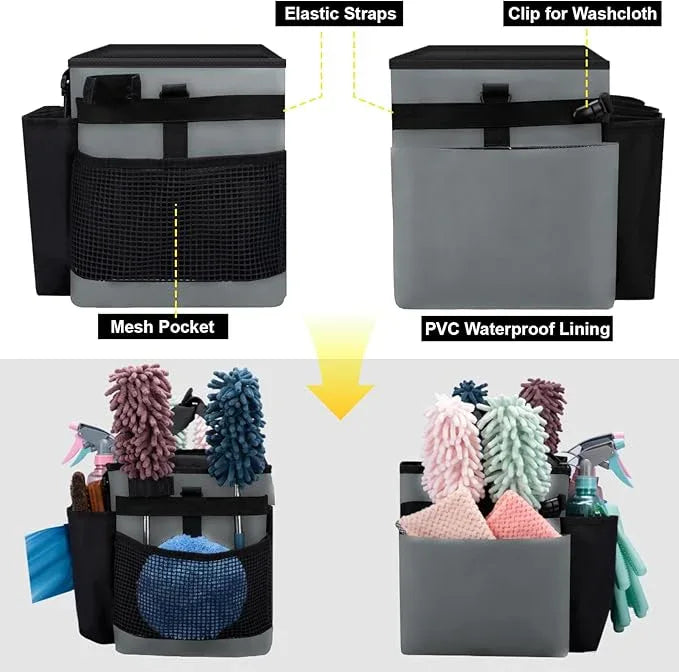 Wearable Large Cleaning Caddy Bag for Housekeeper, Clean Supply Organizer with Adjustable Shoulder, Waist & Handle Straps, Detailing Bag for Kitchen Supplies (Black&Gray) - NeatNest
