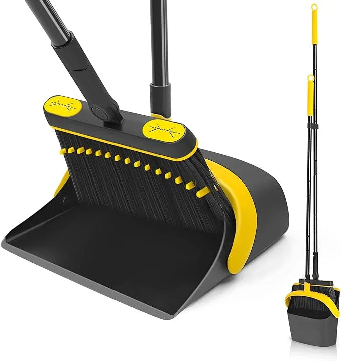 JEHONN Broom and Dust Pan, 54.3 inches Long Handle Swivel Brush, Upright Foldable Dustpan with Comb Teeth for Home Kitchen Lobby Indoor Floor Cleaning (Black & Yellow) - NeatNest