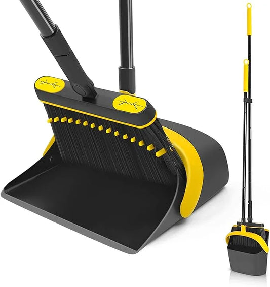 JEHONN Broom and Dust Pan, 54.3 inches Long Handle Swivel Brush, Upright Foldable Dustpan with Comb Teeth for Home Kitchen Lobby Indoor Floor Cleaning (Black & Yellow) - NeatNest
