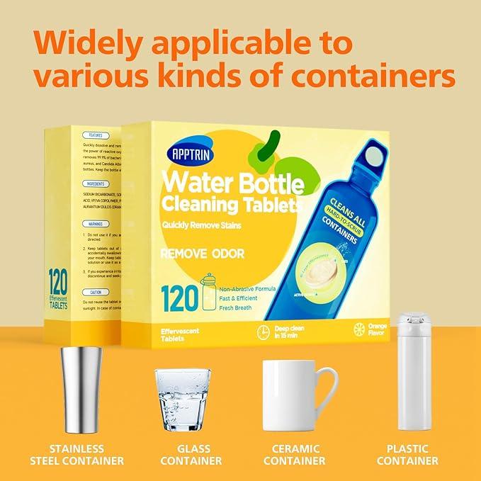 Water Bottle Cleaning Tablets, Bottle Clean Tablet for Hydration Bladders, Stainless Steel, Tumblers, and Glass Bottles, 120 count (Pack of 1), Orange - NeatNest
