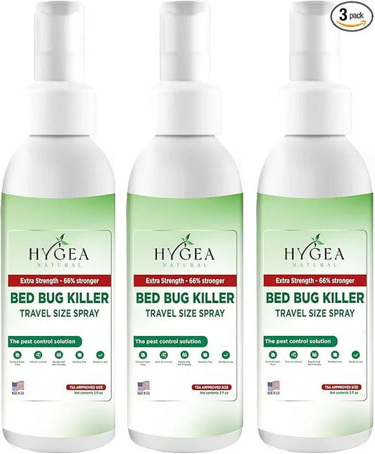 Hygea Natural Extra Strength Bed Bug & Mite Natural Travel Spray - TSA Approved 3 oz Size - Child & Pet Friendly - Stain & Odor Free - for Hotel, Suitcase, Backpack - 66% Stronger Formula (3 pack) - NeatNest