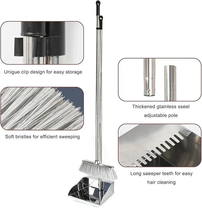 Metal Dustpan with Broom Set, Long Handle Stainless Steel Dustpan,Heavy Duty Standing Dust Pan with Teeth, Indoor Outdoor Up for Home Kitchen Lobby Room Office - NeatNest