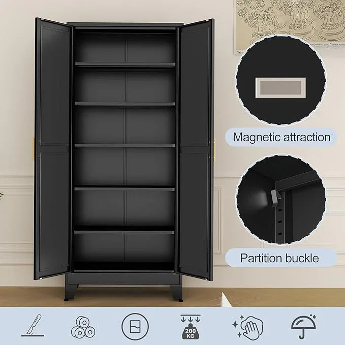 Black Metal Storage Cabinet,75" Steel Cabinets for Home Office, Kitchen Pantry Storage Cabinet with Doors and 5 Adjustable Shelves, Tool Cabinets, for Office, Home, Garage, School - NeatNest